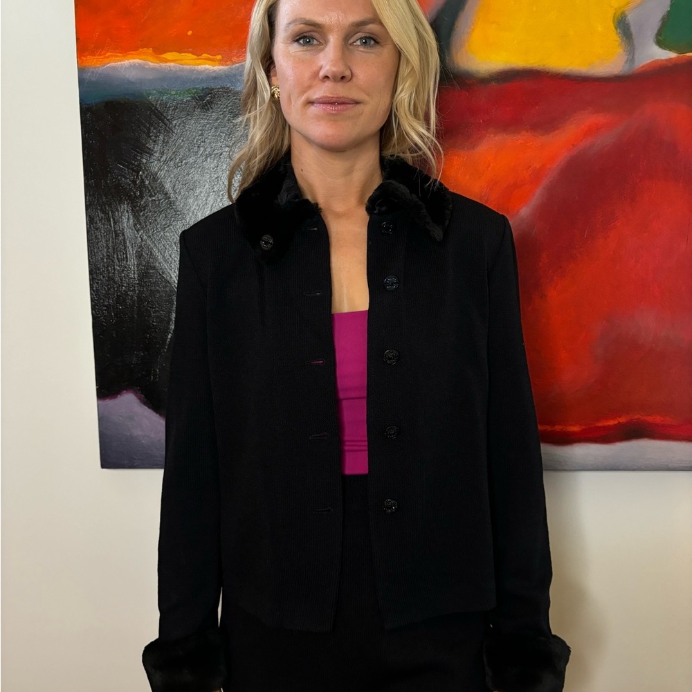 St. John Y2K Black Blazer with Faux Fur Trim and Rhinestone Encrusted Buttons